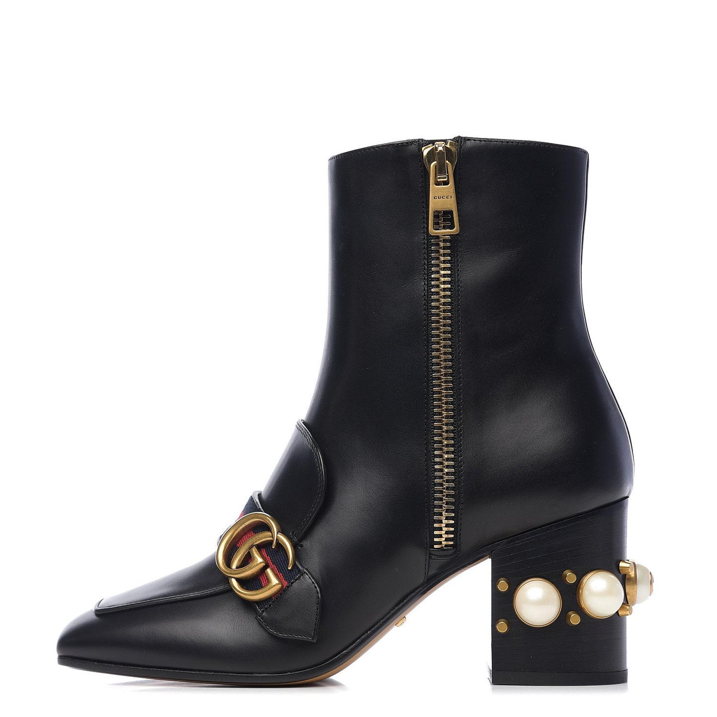 Betis Glamour Calfskin Web Pearl Embellished Peyton 75mm Ankle Boots 38 Black