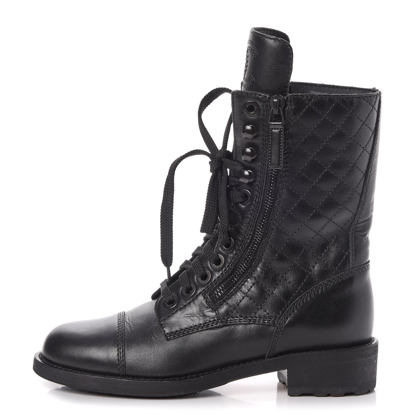 Calfskin Quilted Cap Toe Combat Boots 36 Black