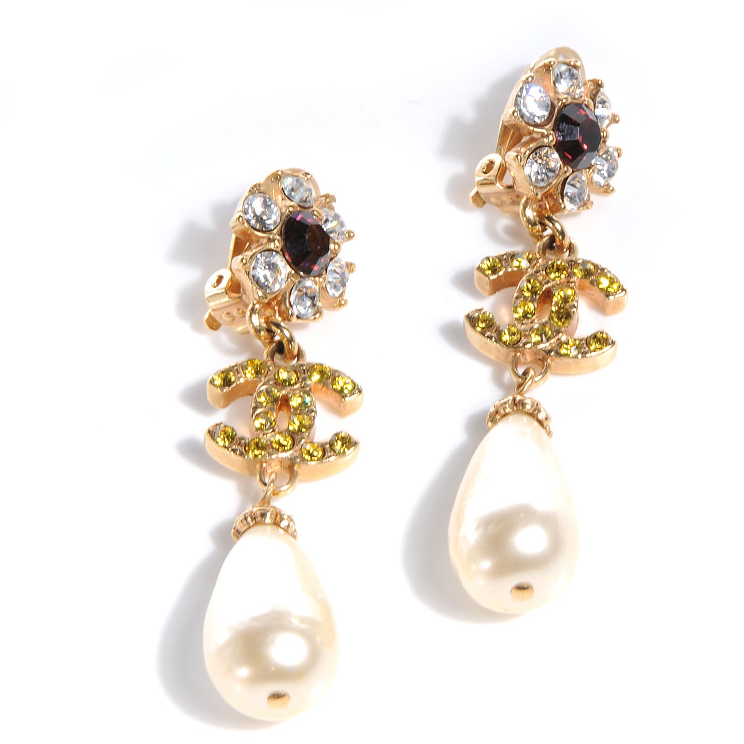 Chanel Crystal Pearl Tear Drop CC Clip On Earrings 1 of 4