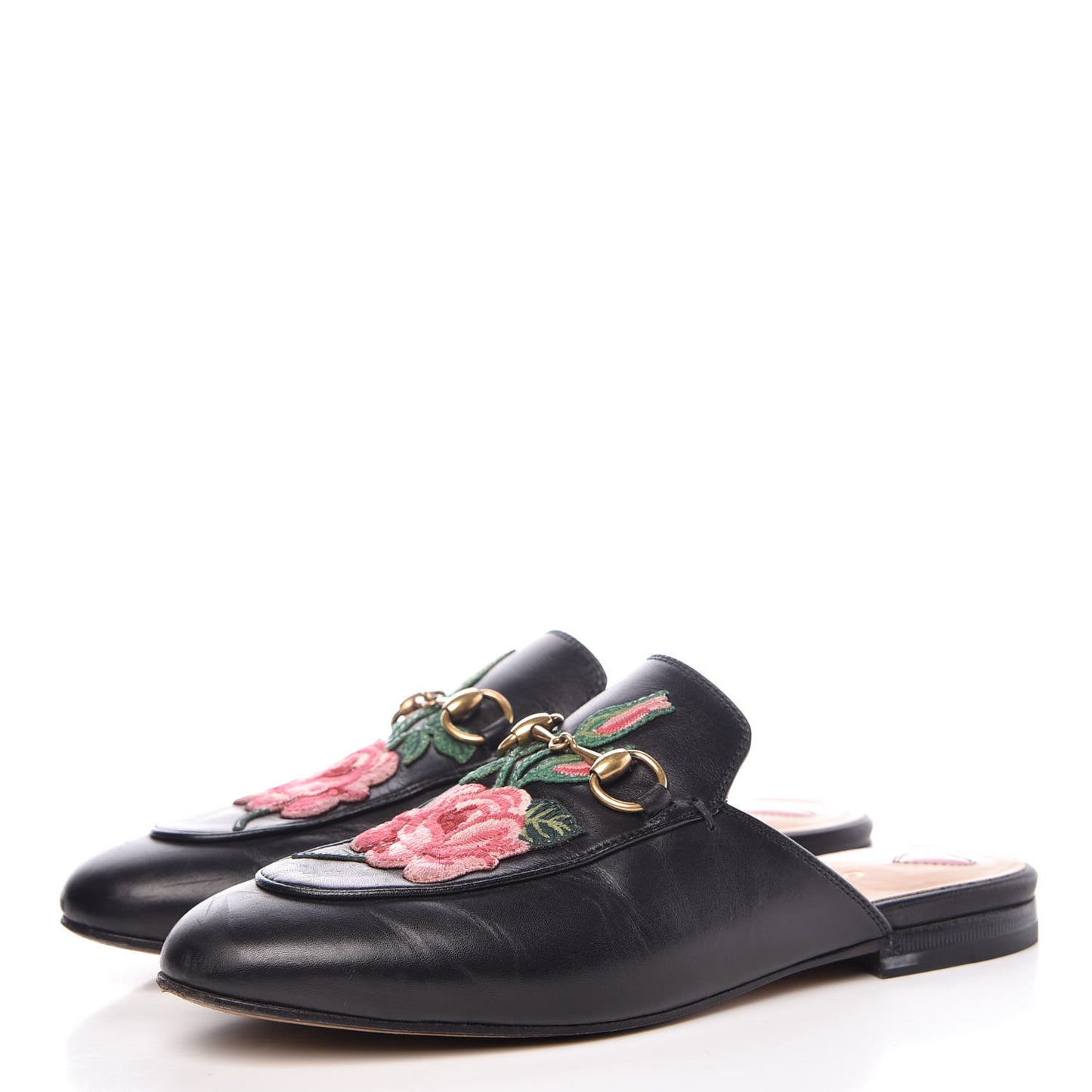 Calfskin Flower Embroidered Princetown Slippers 36 Black