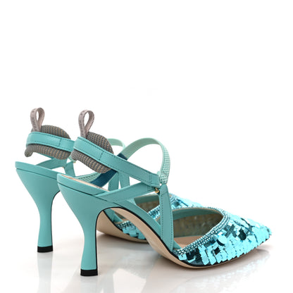 Fendi Organza Sequin Paillettes Colibri Lite 85mm Slingback Pumps 36.5 Nudo Blue Tiffany Blue 4 of 8