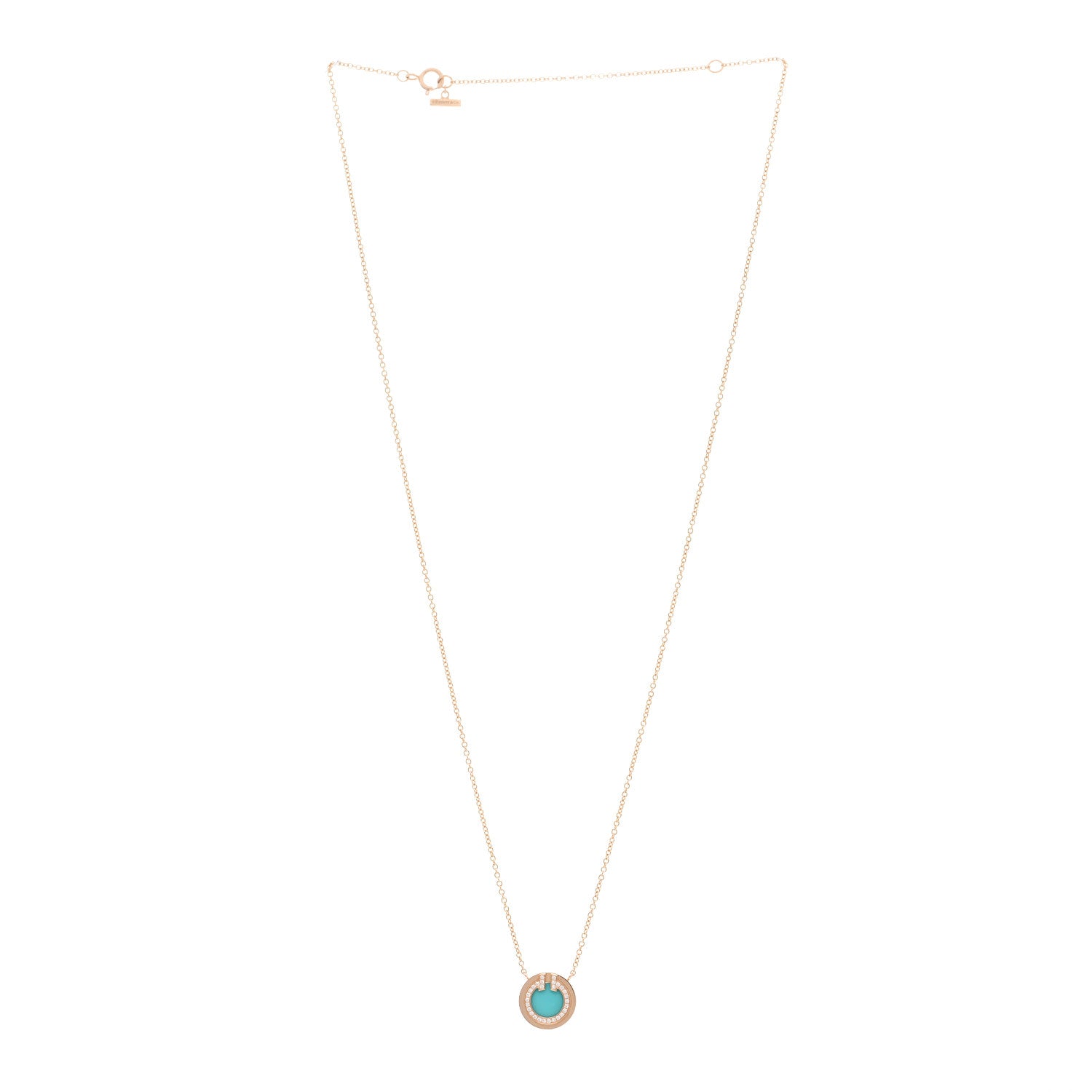 Tiffany 18K Rose Gold Diamond Turquoise Small T Circle Pendant Necklace 3 of 4