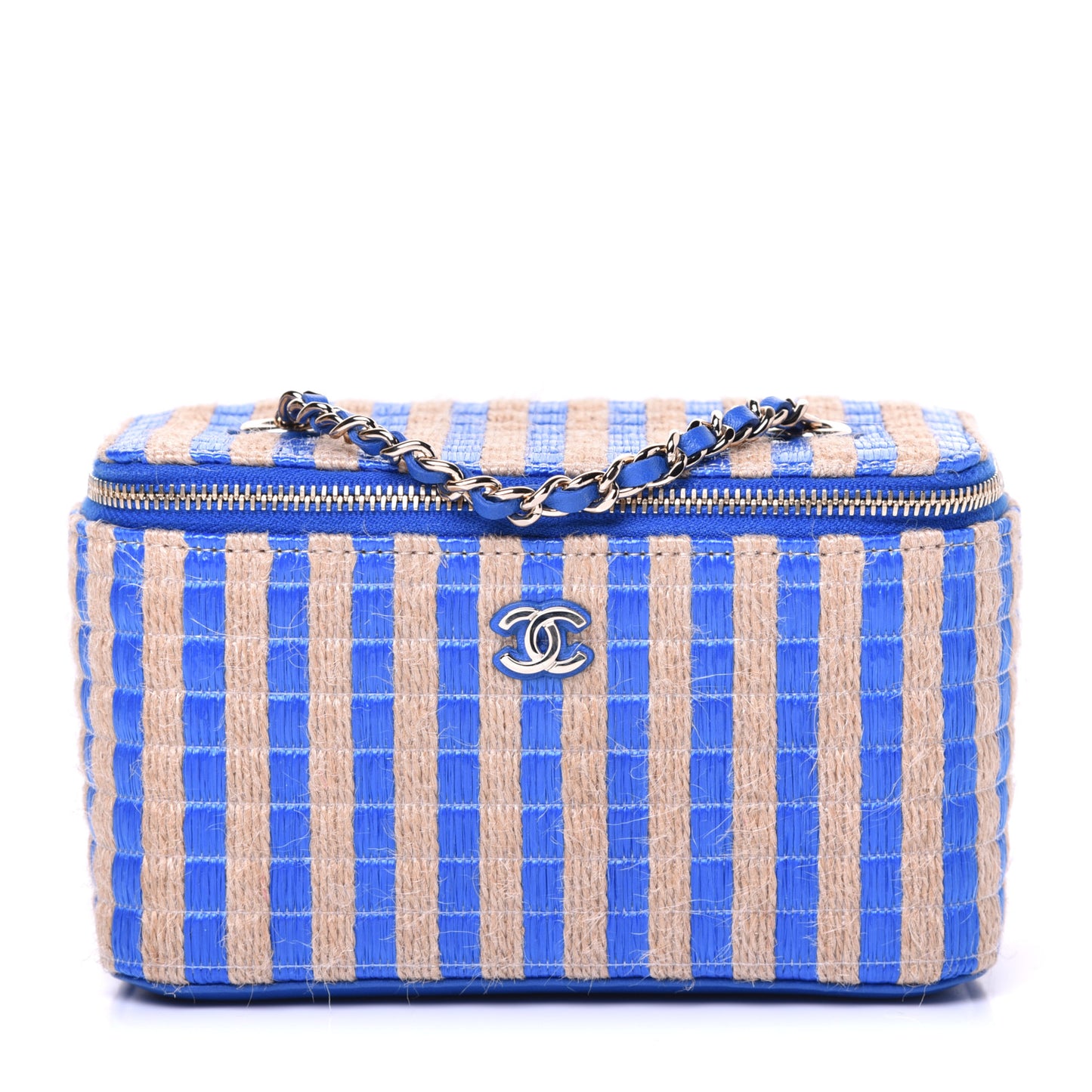 Raffia Jute Striped Small Vanity Case With Chain Blue Beige