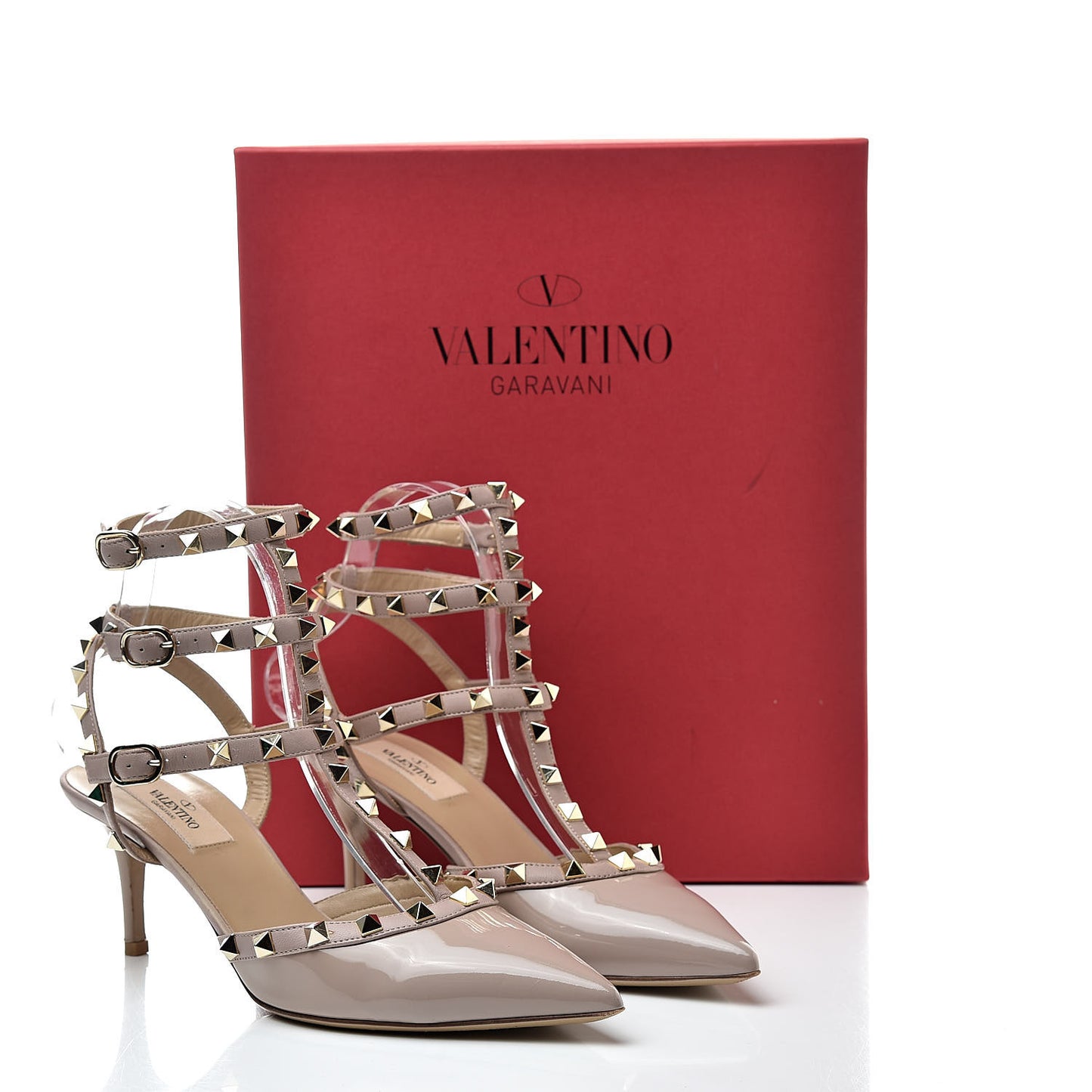 Patent Rockstud Ankle Strap Low Heel Pumps 39 Poudre
