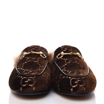 Gucci Velvet GG Monogram Fur Womens Princetown Slippers 37.5 Brown Black Natural 2 of 10