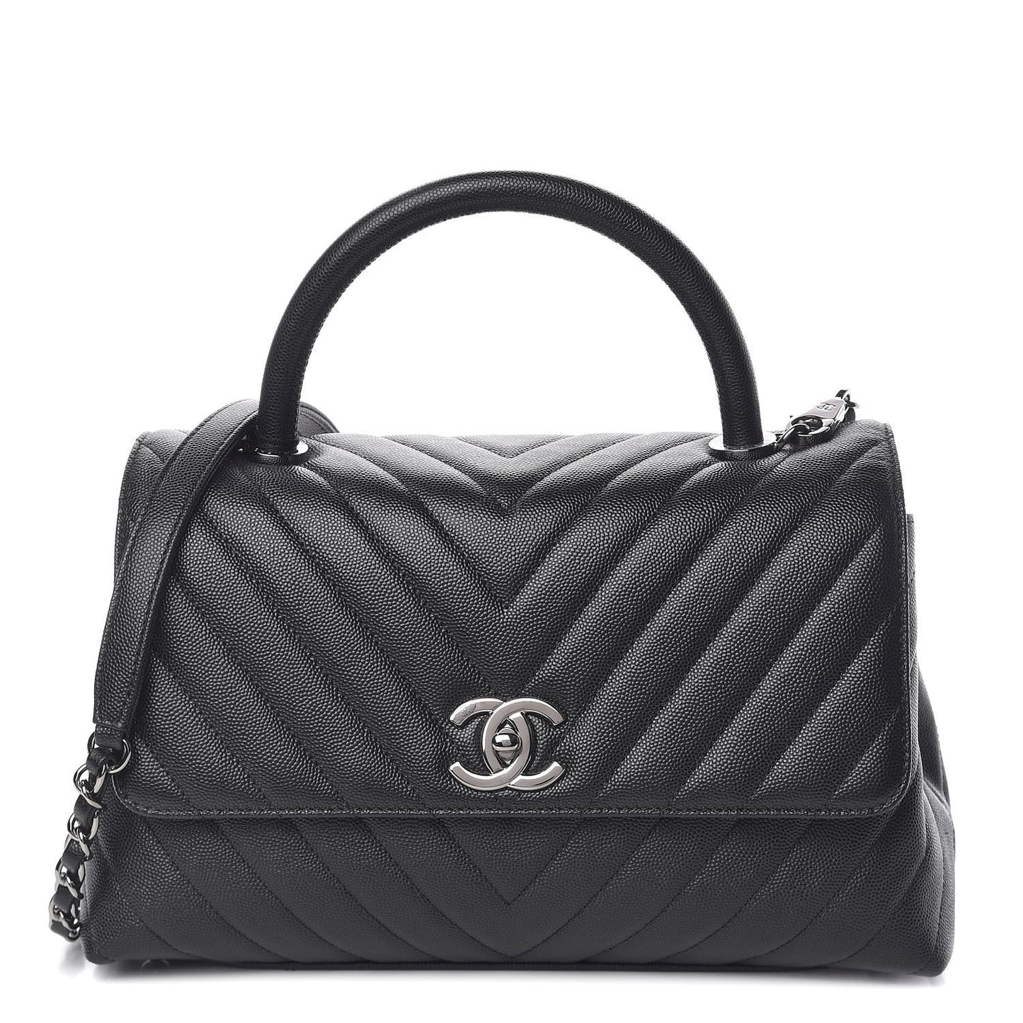 Caviar Chevron Quilted Small Coco Handle Flap Black
