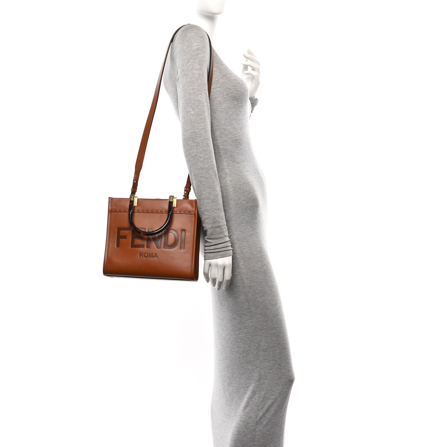 Vitello King Plexiglass Logo Embossed Small Fendi Sunshine Shopper Tote Cuoio