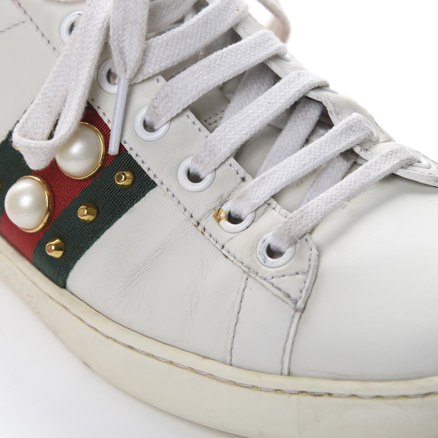Gucci Calfskin Web Pearl Studded Womens Ace Sneakers 36.5 White 12 of 14