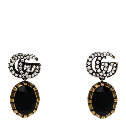 Gucci Metal Crystal Double G Drop Earrings Black Gold 1 of 5
