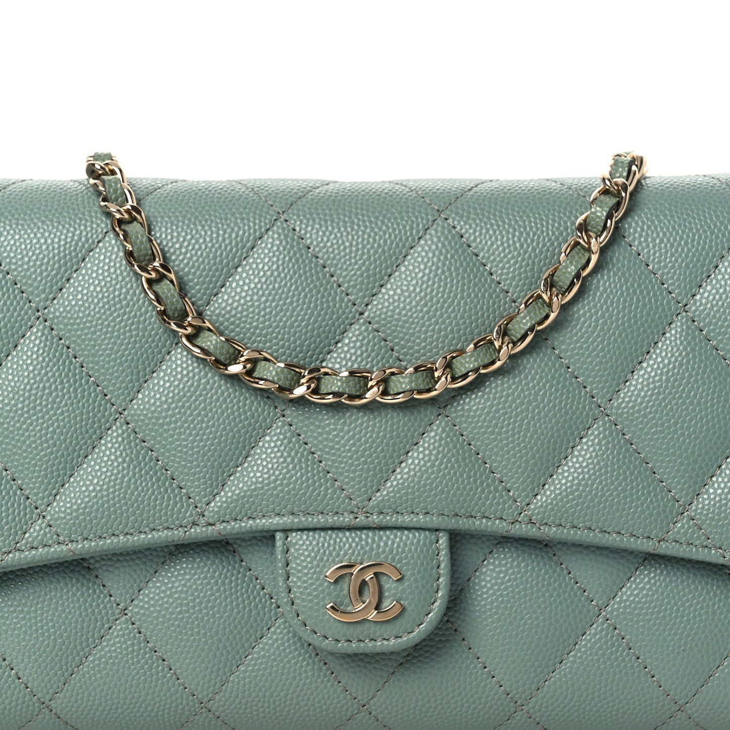 Caviar Quilted Phone Holder Wallet on Removable Chain Light Blue