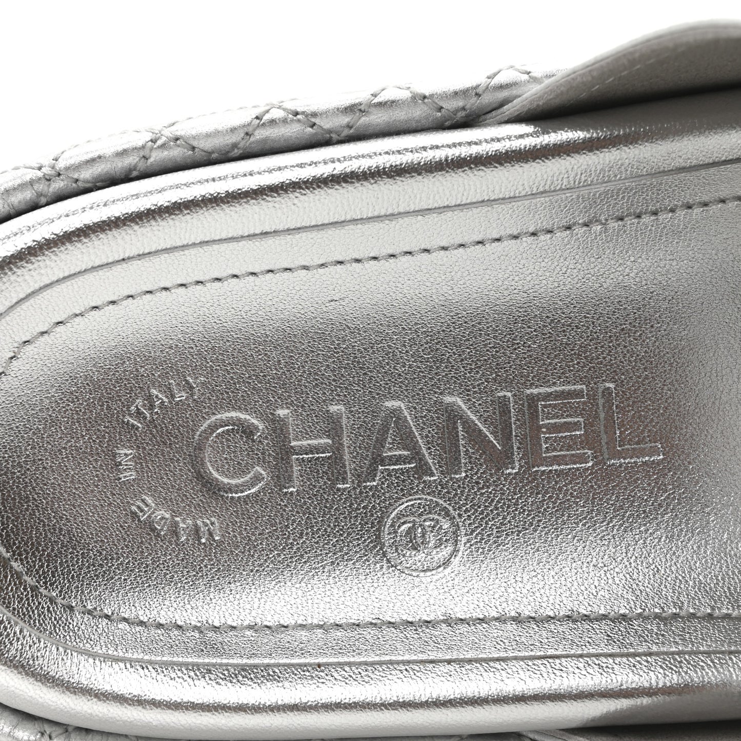Laminated Lambskin Quilted Velcro Crystal CC Dad Slide Sandals 40 Silver
