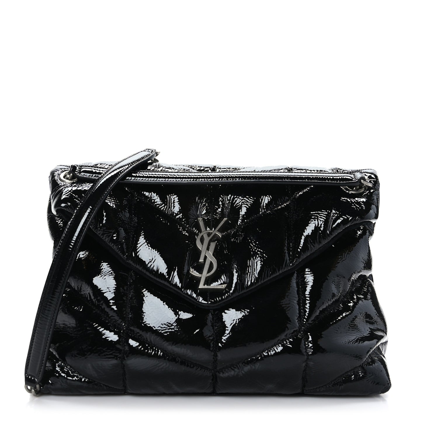 Patent Lambskin Quilted Medium Loulou Puffer Monogram Chain Satchel Black