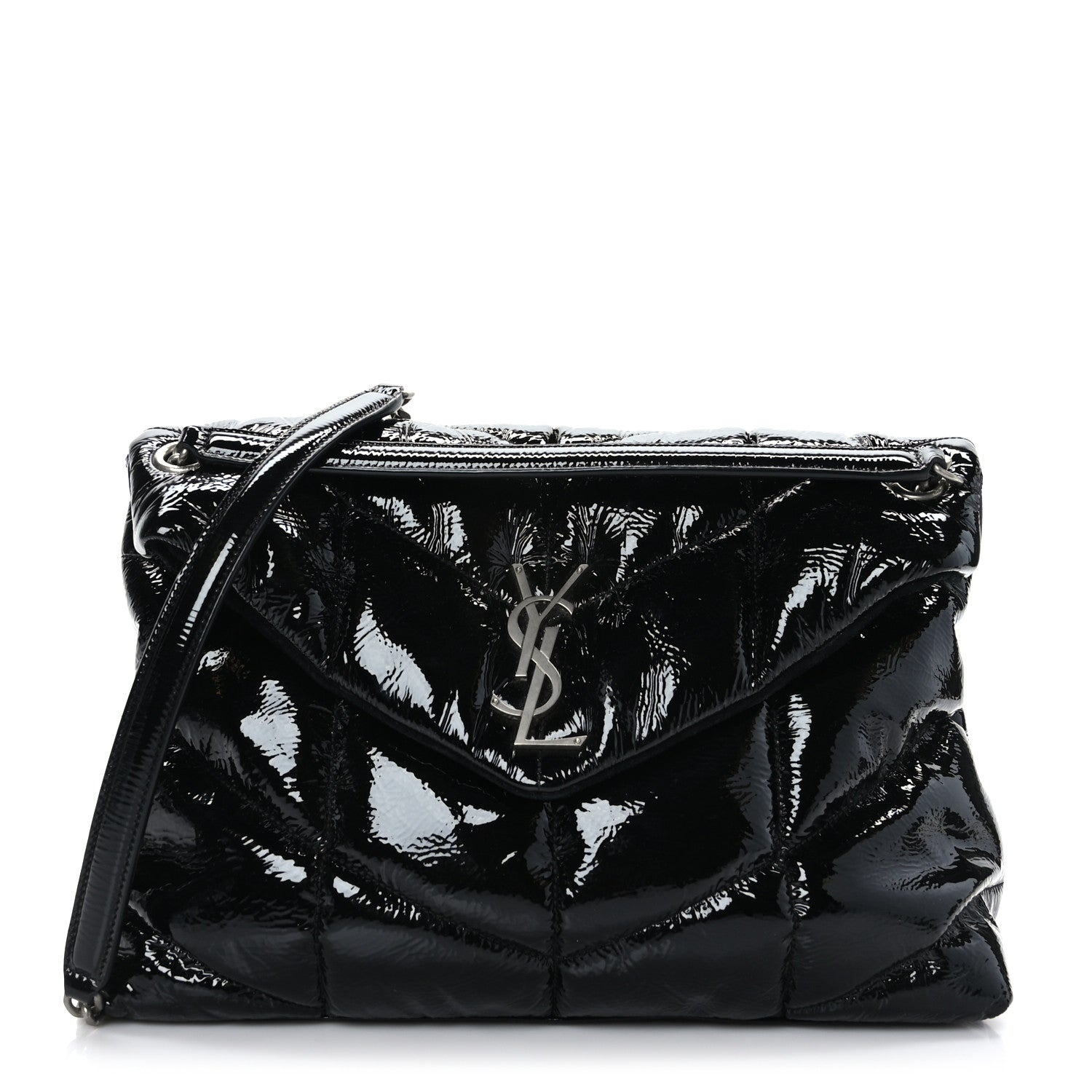 Saint Laurent Patent Lambskin Quilted Medium Loulou Puffer Monogram Chain Satchel Black 1 of 9