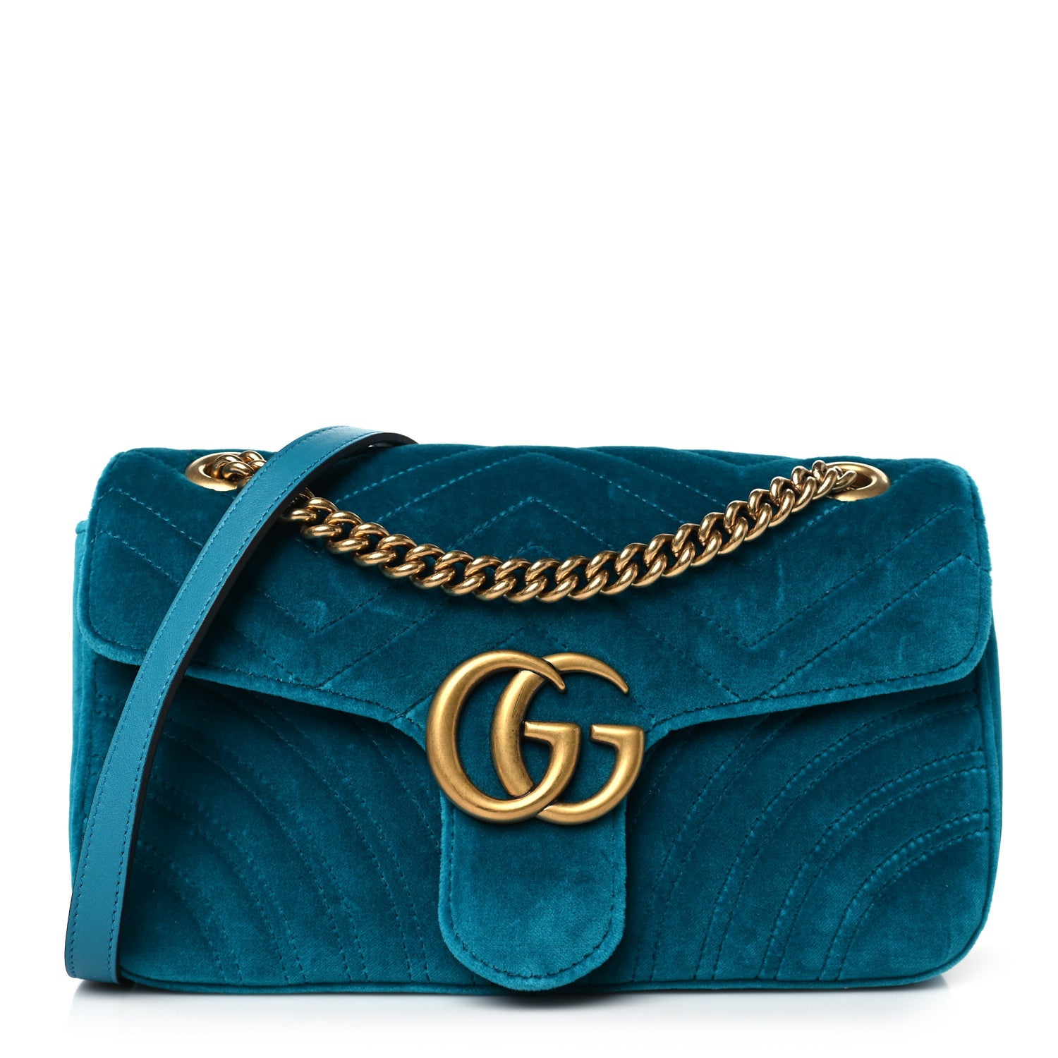 Gucci Velvet Matelasse Small GG Marmont Shoulder Bag Pavone Cyan 1 of 10
