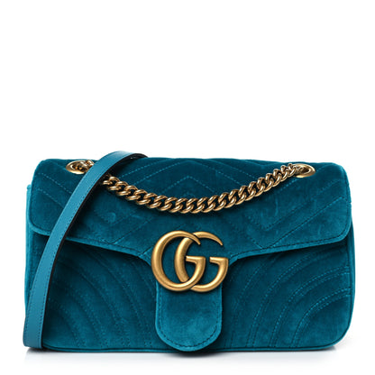Gucci Velvet Matelasse Small GG Marmont Shoulder Bag Pavone Cyan 1 of 10