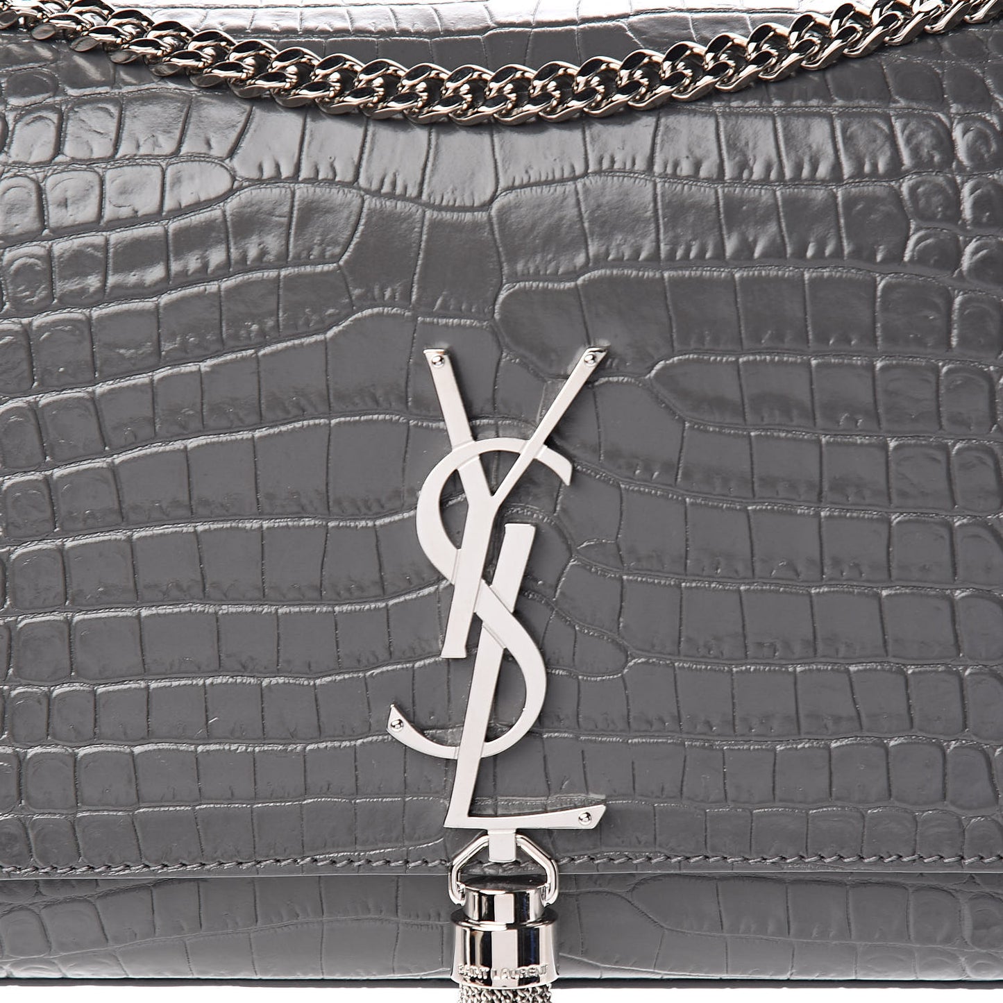 Calfskin Crocodile Embossed Medium Classic Monogram Kate Tassel Satchel Fog