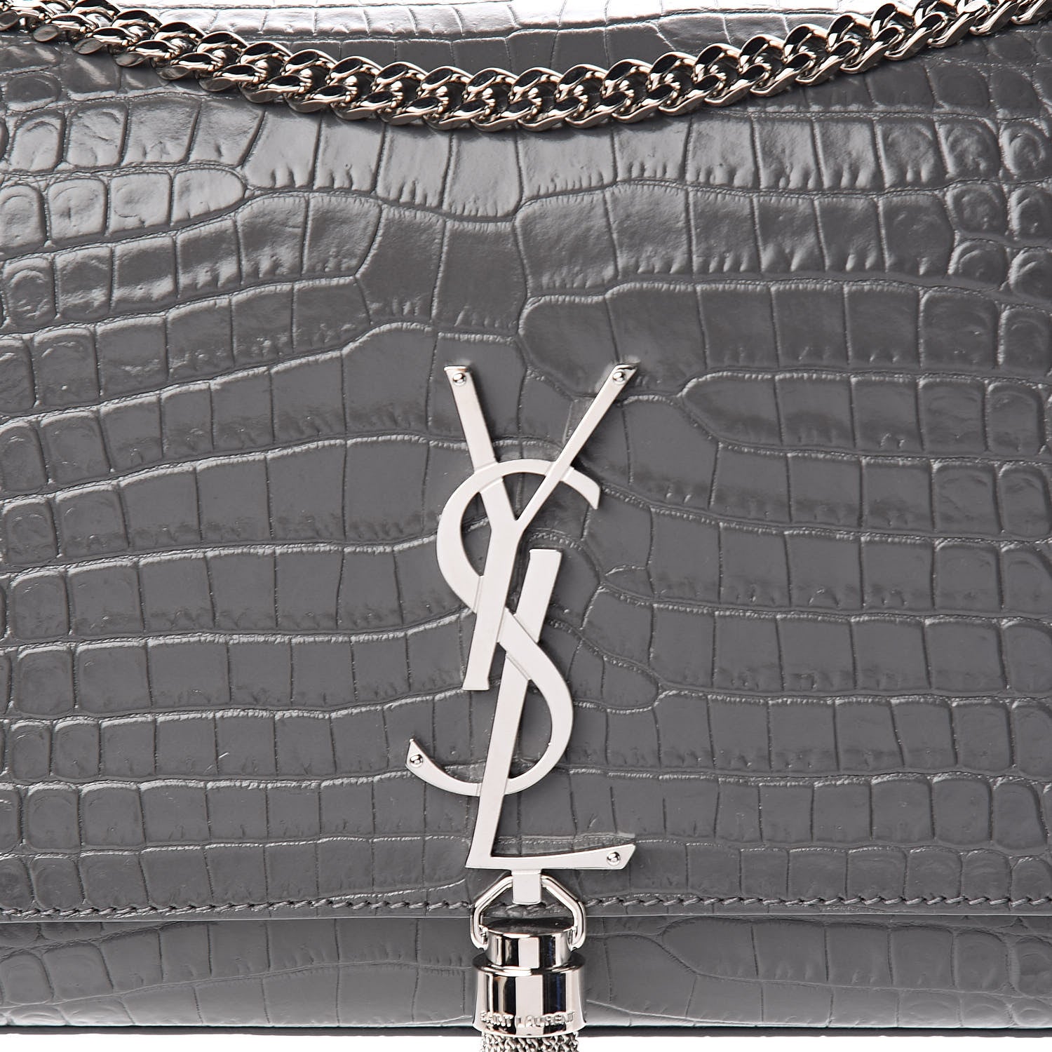 Saint Laurent Calfskin Crocodile Embossed Medium Classic Monogram Kate Tassel Satchel Fog 9 of 9
