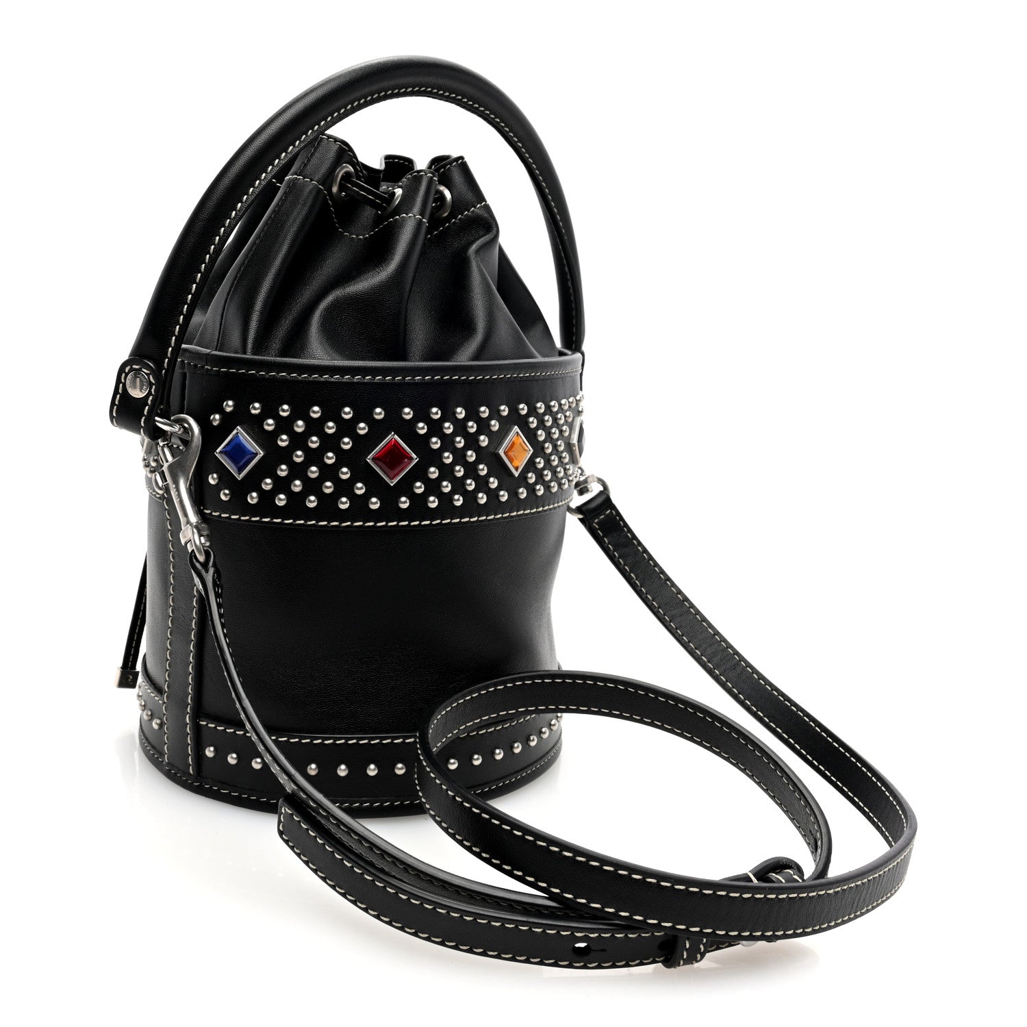 Saint Laurent Smooth Calfskin Studded Small Bahia Drawstring Bucket Bag Black Multicolor 2 of 9
