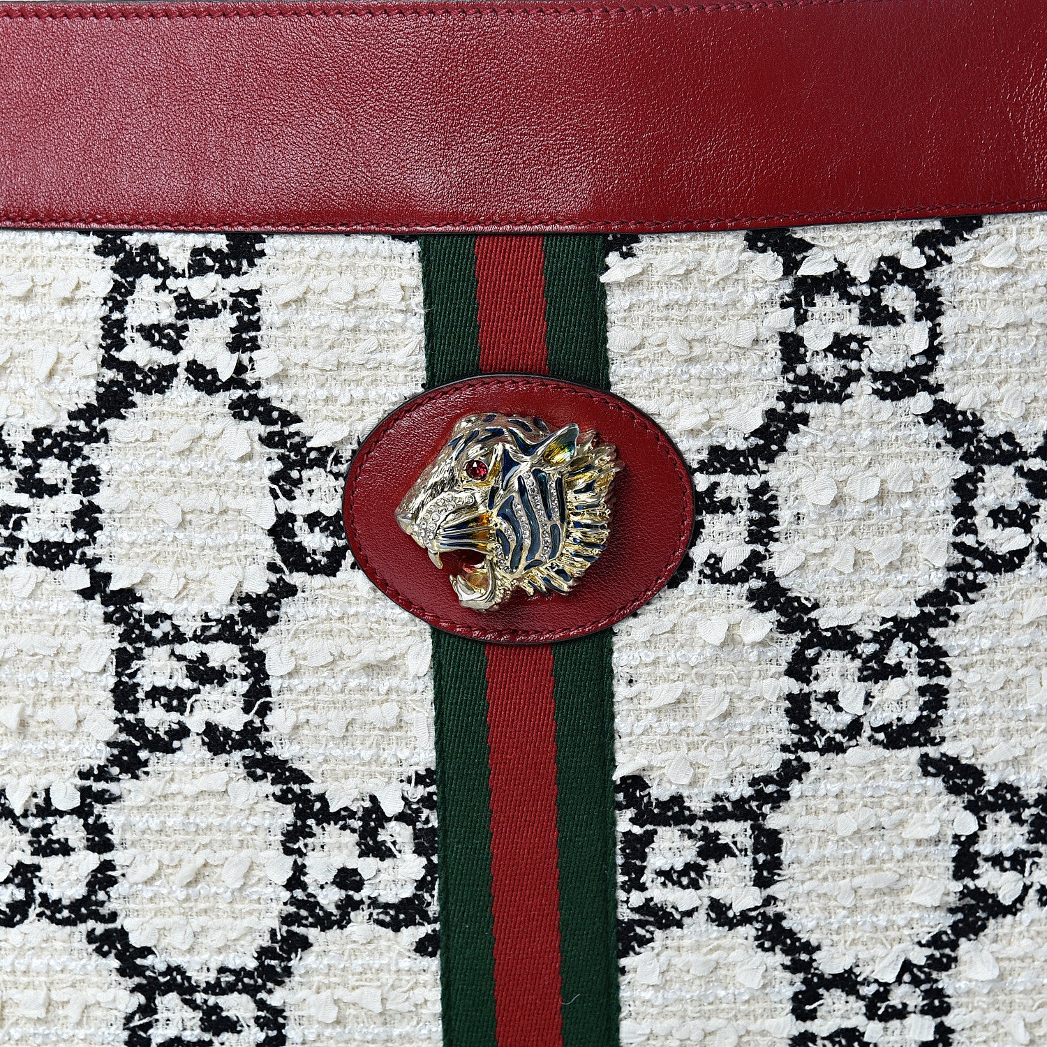 Gucci Tweed GG Monogram Large Rajah Chain Tote White Black Romantic Cherry 8 of 10