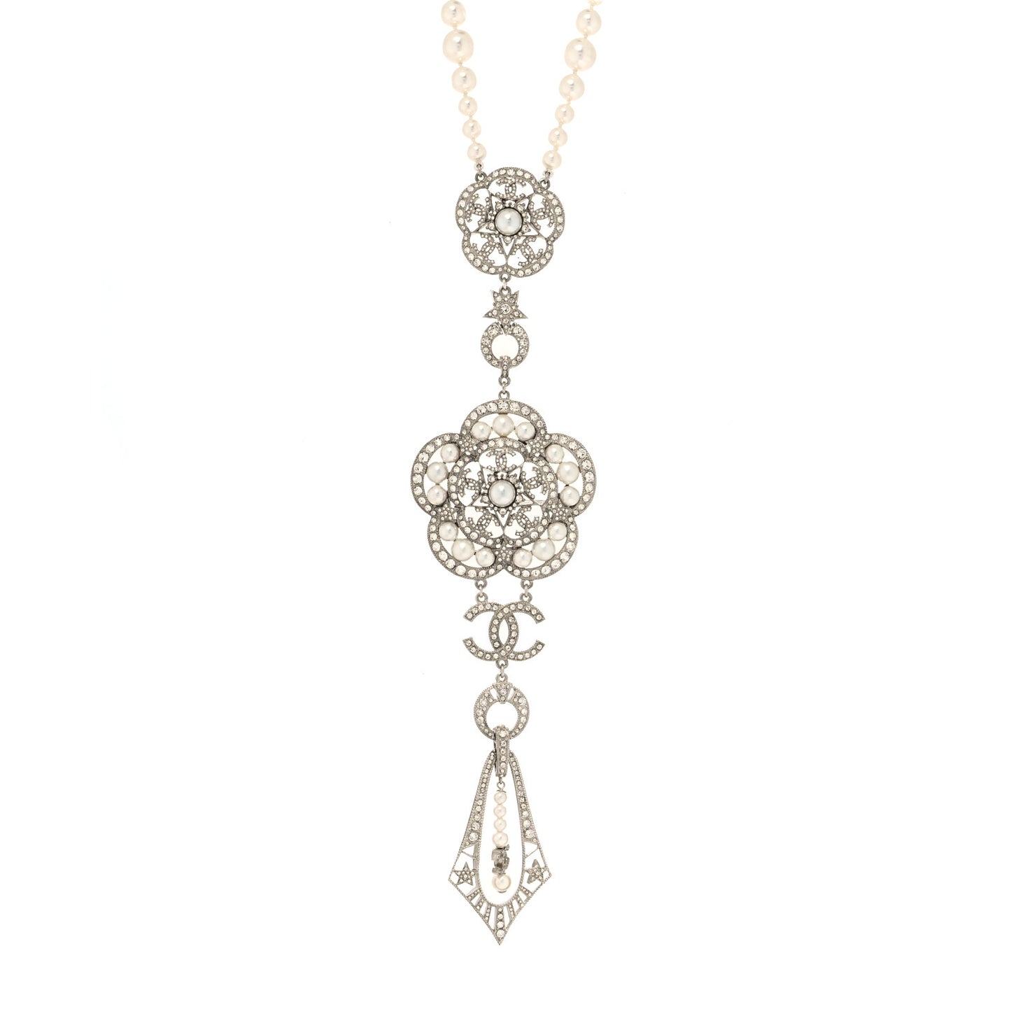 Crystal Pearl CC Camellia Necklace Silver White