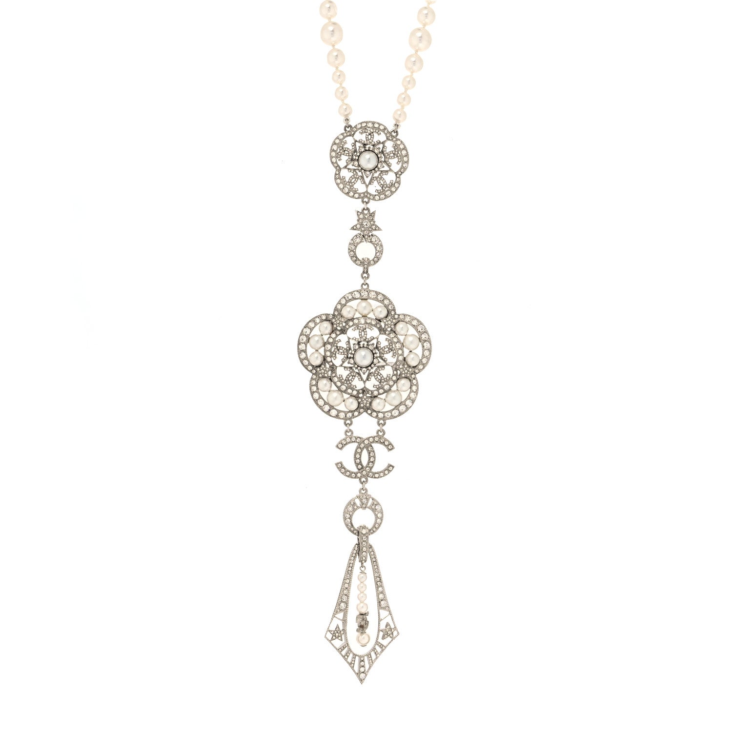 Chanel Crystal Pearl CC Camellia Necklace Silver White 1 of 5