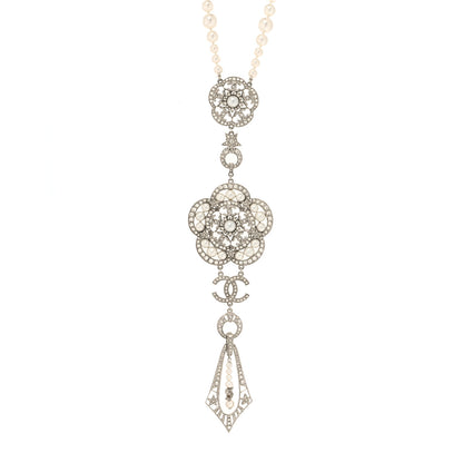 Chanel Crystal Pearl CC Camellia Necklace Silver White 1 of 5