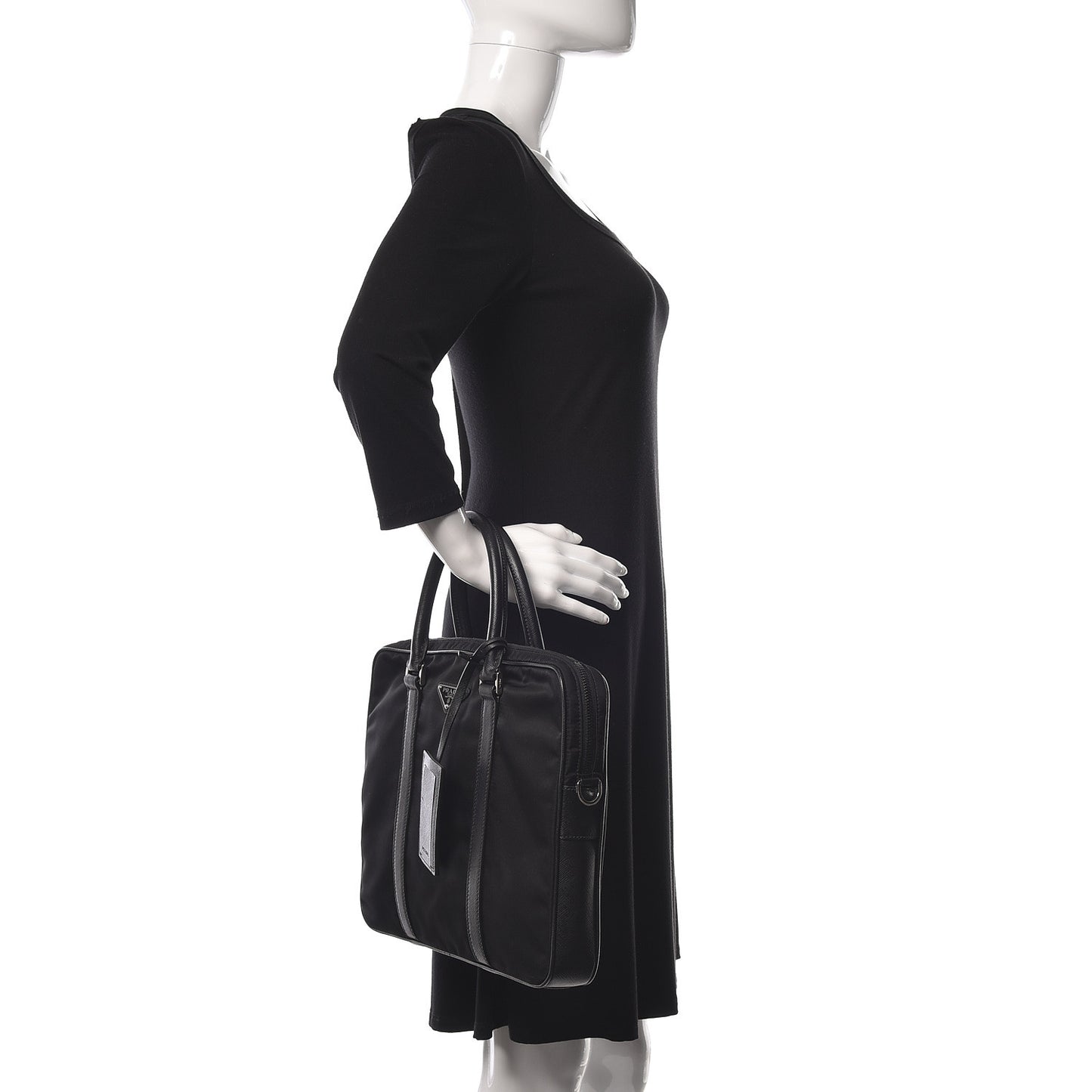 Tessuto Nylon Saffiano Metal Triangle Logo Work Bag Black