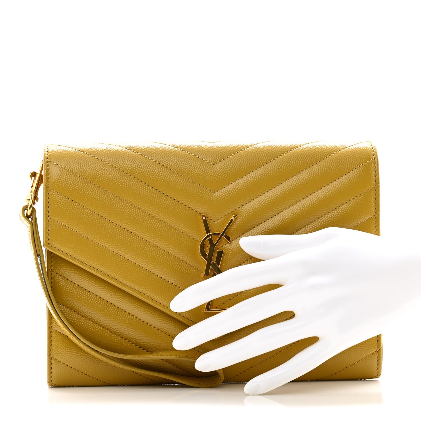 SAINT LAURENT Grain De Poudre Matelasse Chevron Monogram Envelope Clutch Mustard