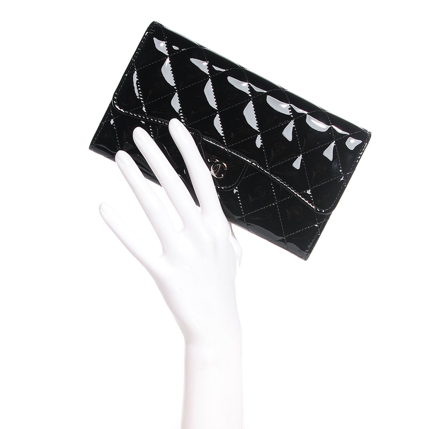 Patent Calfskin Quilted Large Flap Wallet Black