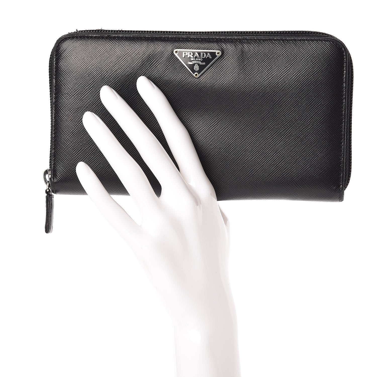 Prada Saffiano Triangle Zip Around Wallet Black 2 of 9