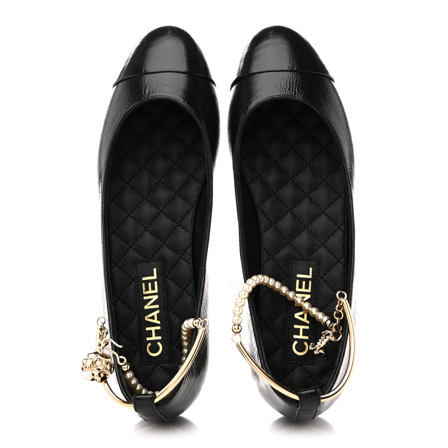 Chanel Shiny Lambskin Pearl Cap Toe Ankle Chain Ballerina Flats 39