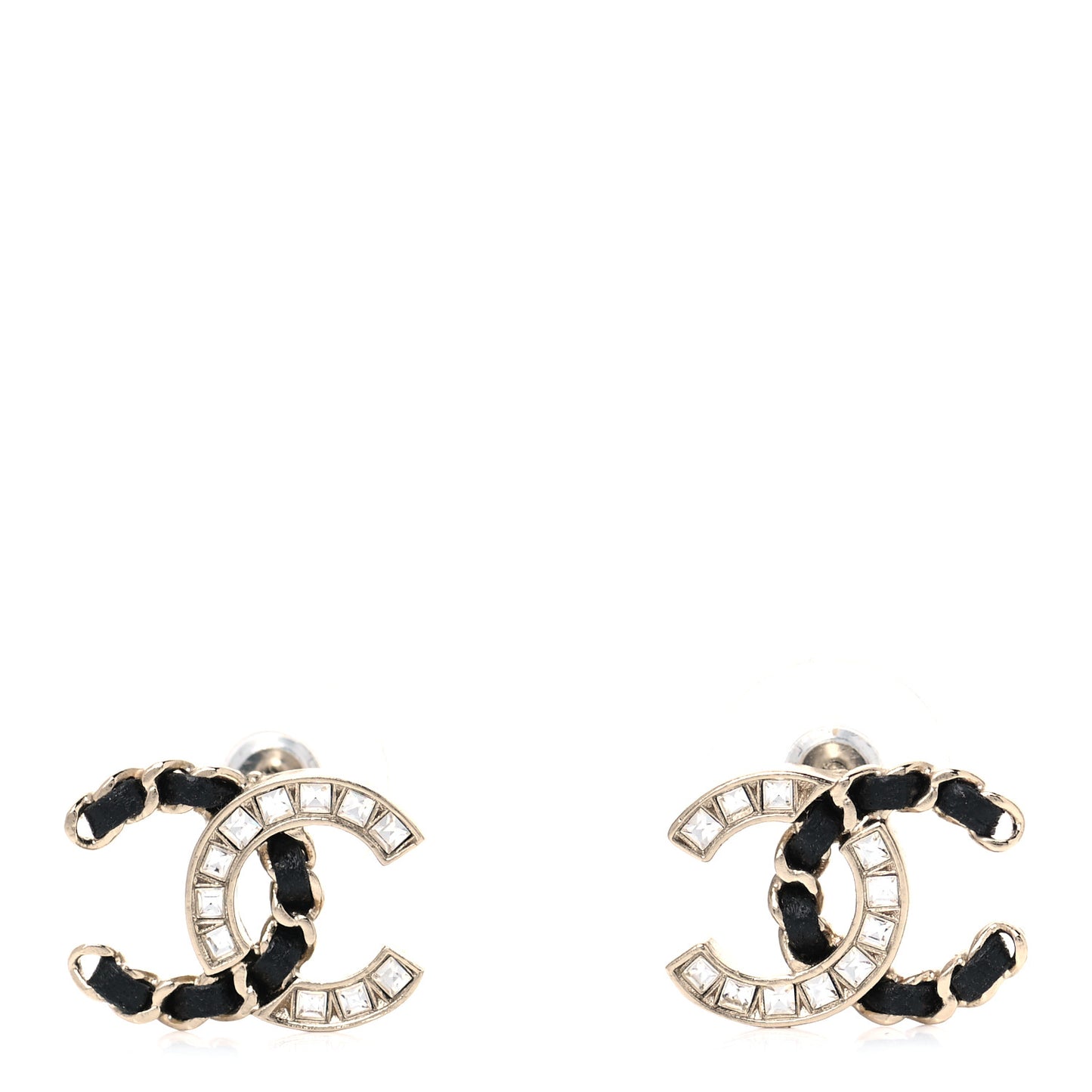 Crystal Baguette Lambskin Chain CC Vintage Allure Stud Earrings Black Gold