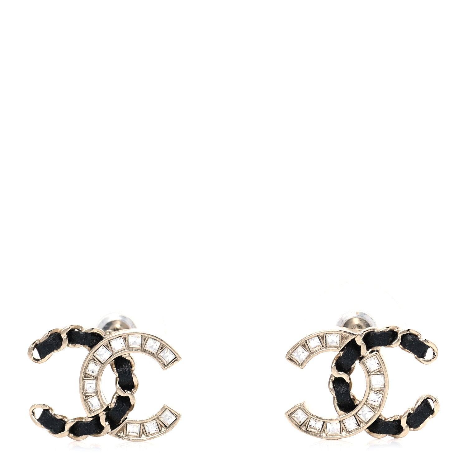Chanel Crystal Baguette Lambskin Chain CC Vintage Allure Stud Earrings Black Gold 1 of 4