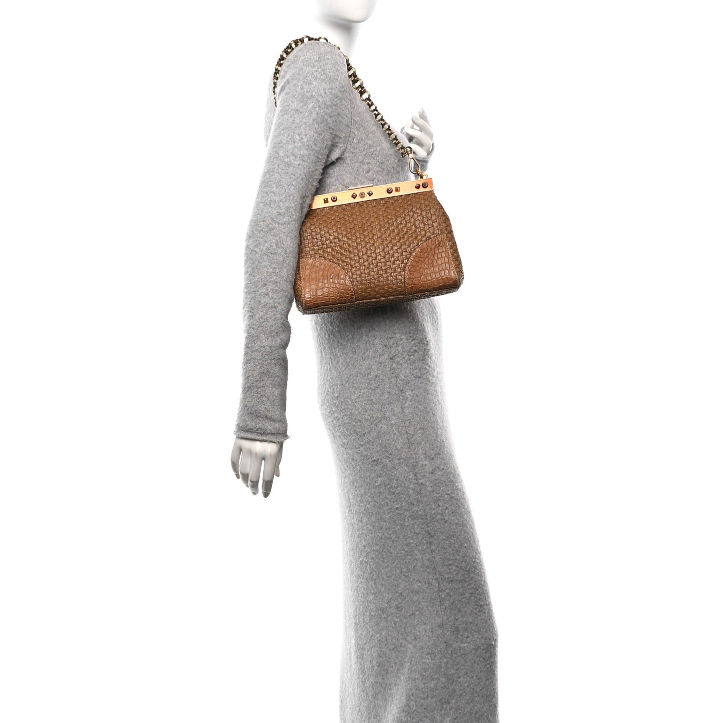 Straw Crocodile Woven Semitracolla Frame Bag Tabacco Orange