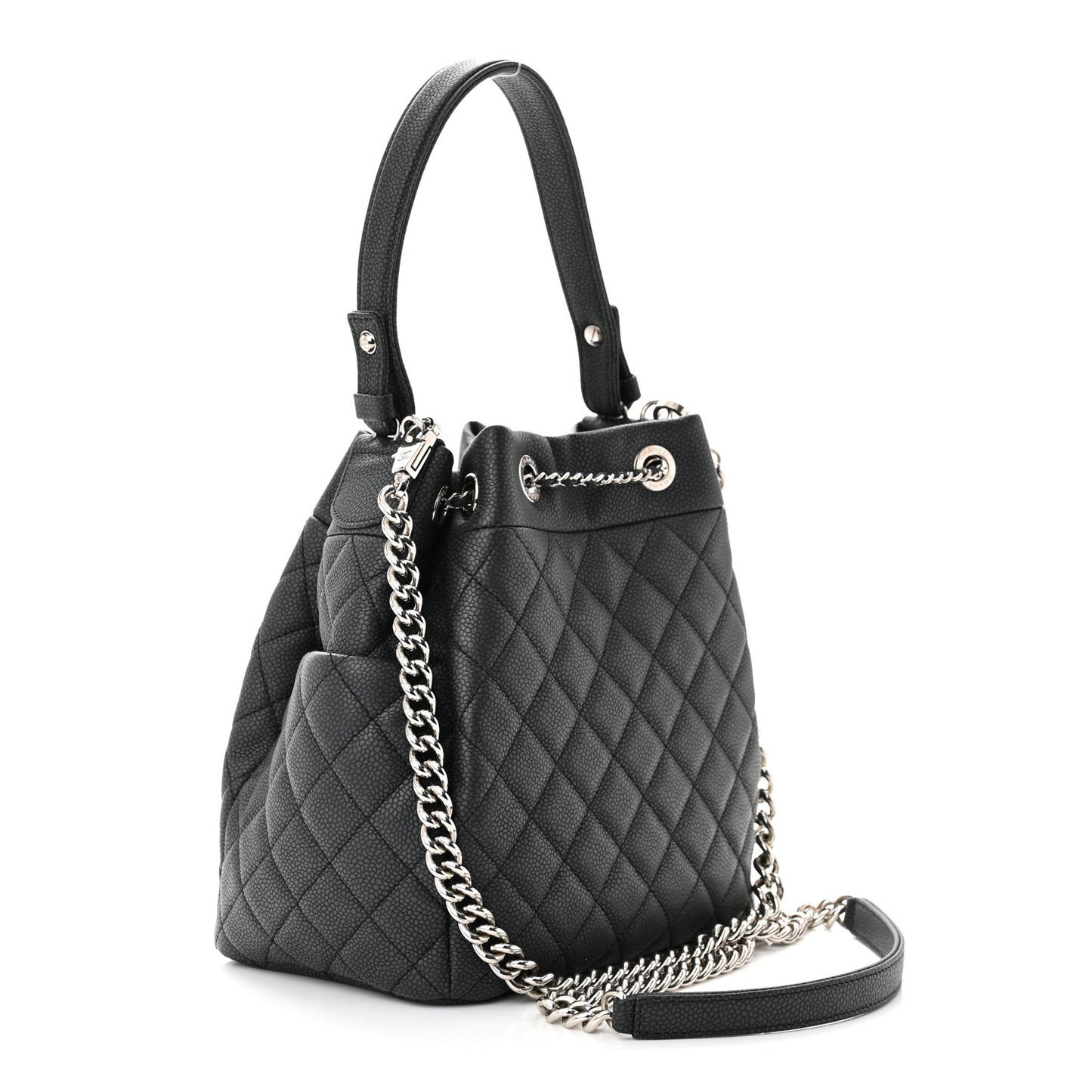 Caviar Flat Quilted CC Chain Bucket Drawstring Bag Black
