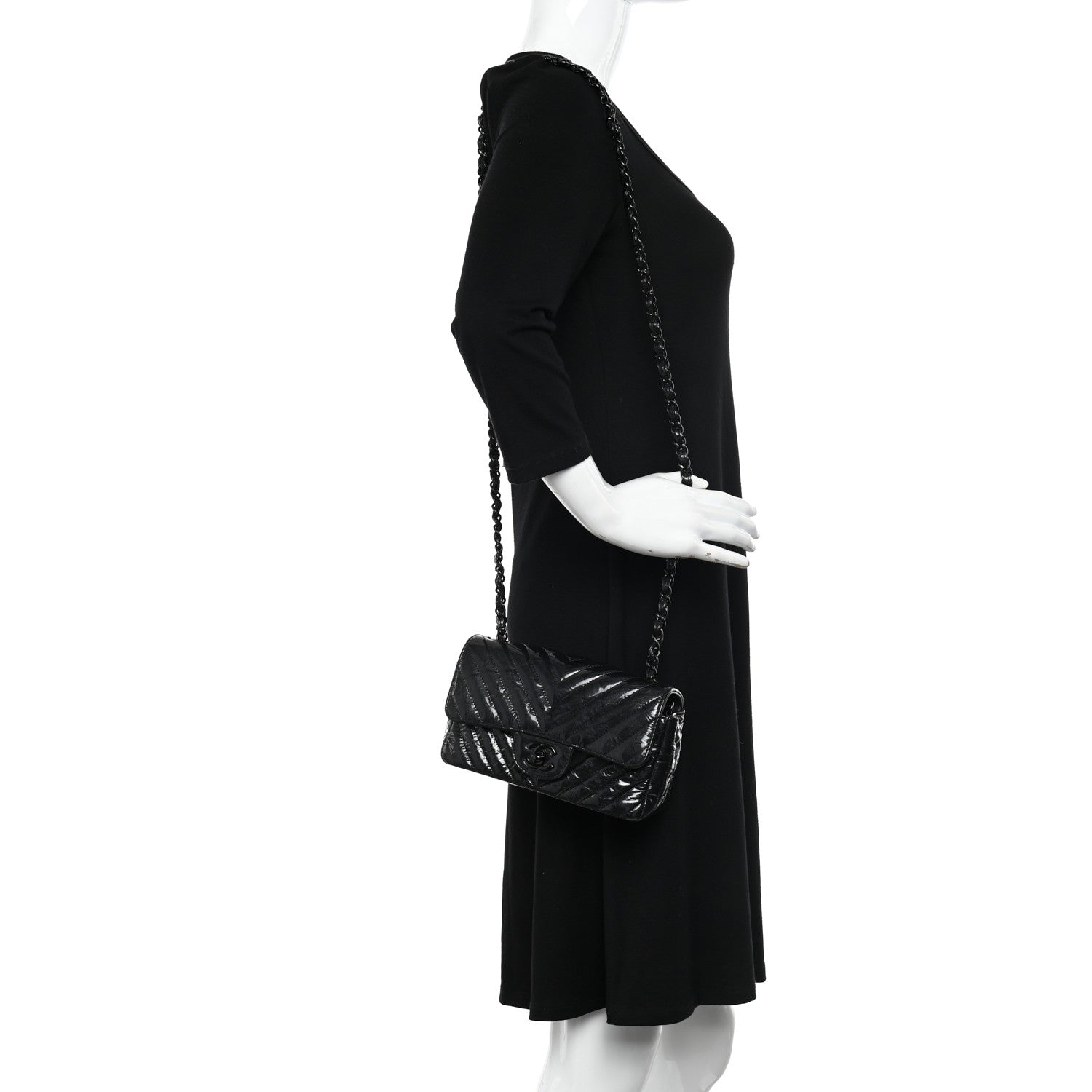 Chanel Patent Crumpled Calfskin Chevron Quilted Mini Rectangular Flap So Black 2 of 10