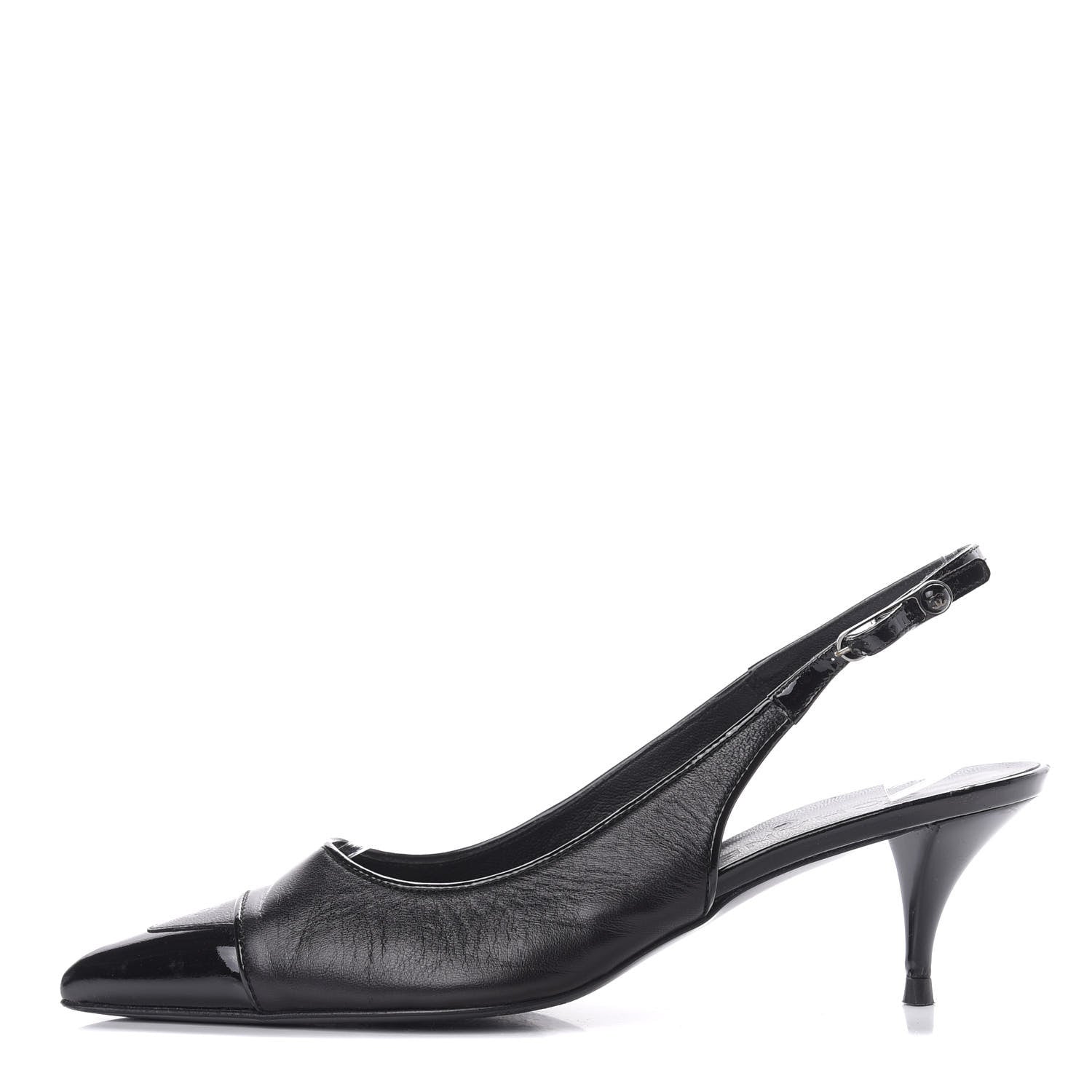 Chanel Lambskin Patent Cap Toe CC Slingback Heels 38.5 Black 1 of 8