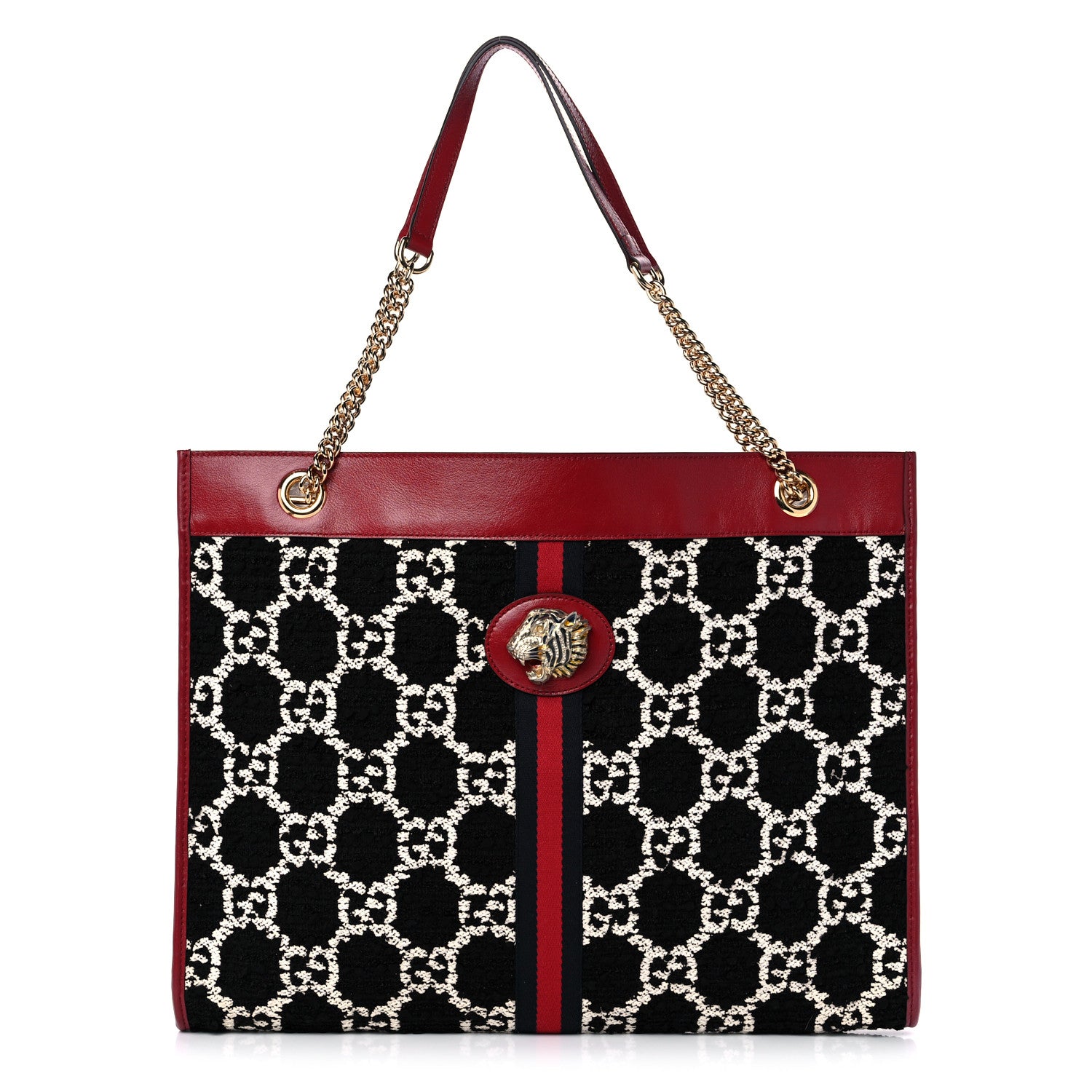 Gucci Tweed GG Monogram Large Rajah Chain Tote Romantic Cherry Black White 3 of 11