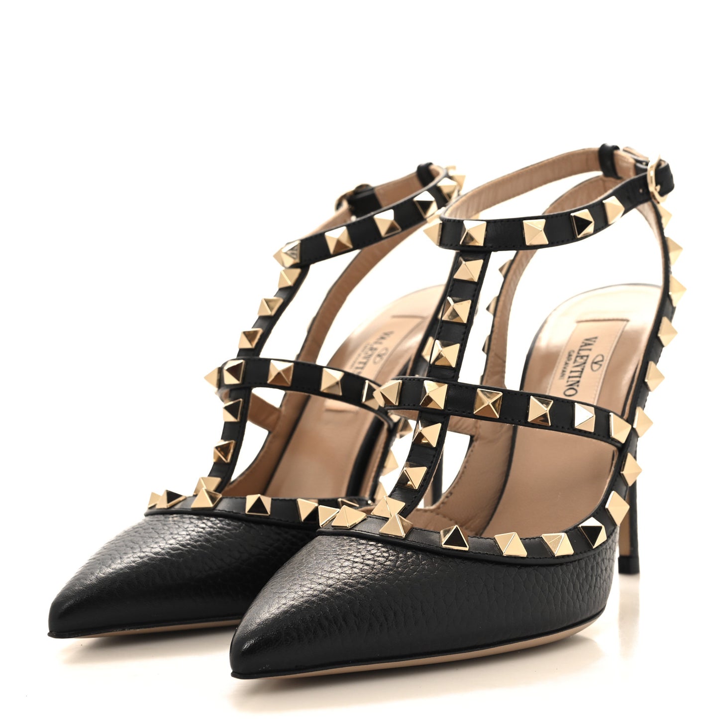 Pebbled Calfskin Rockstud Ankle Strap Pumps 35 Black