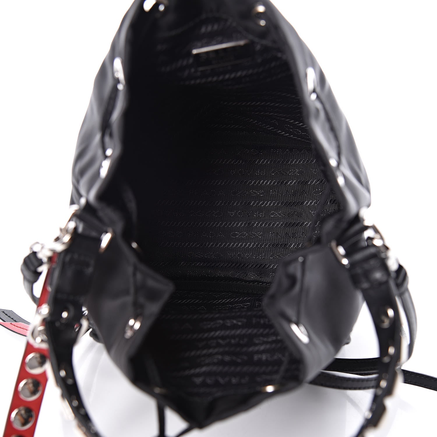 Prada Tessuto Nylon Studded New Vela Mini Bucket Crossbody Bag Black Fuoco 5 of 10