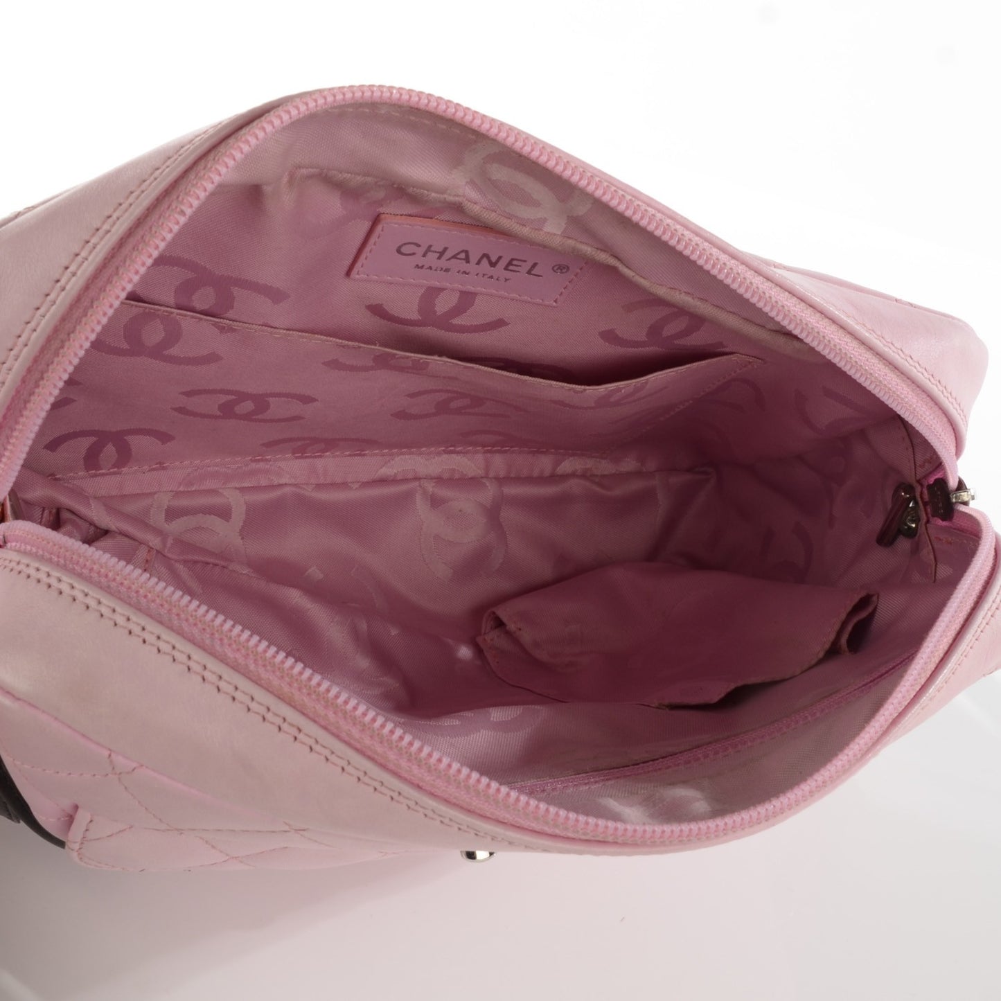 Calfskin Quilted Cambon Camera Case Pink Black