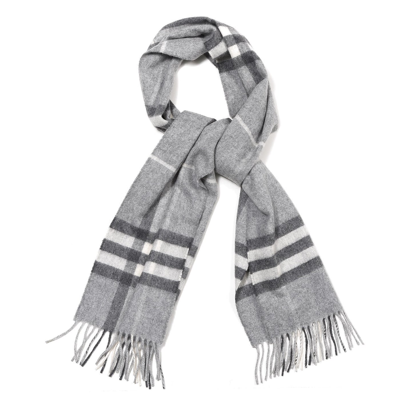 Cashmere Giant Check Fringe Scarf Pale Grey