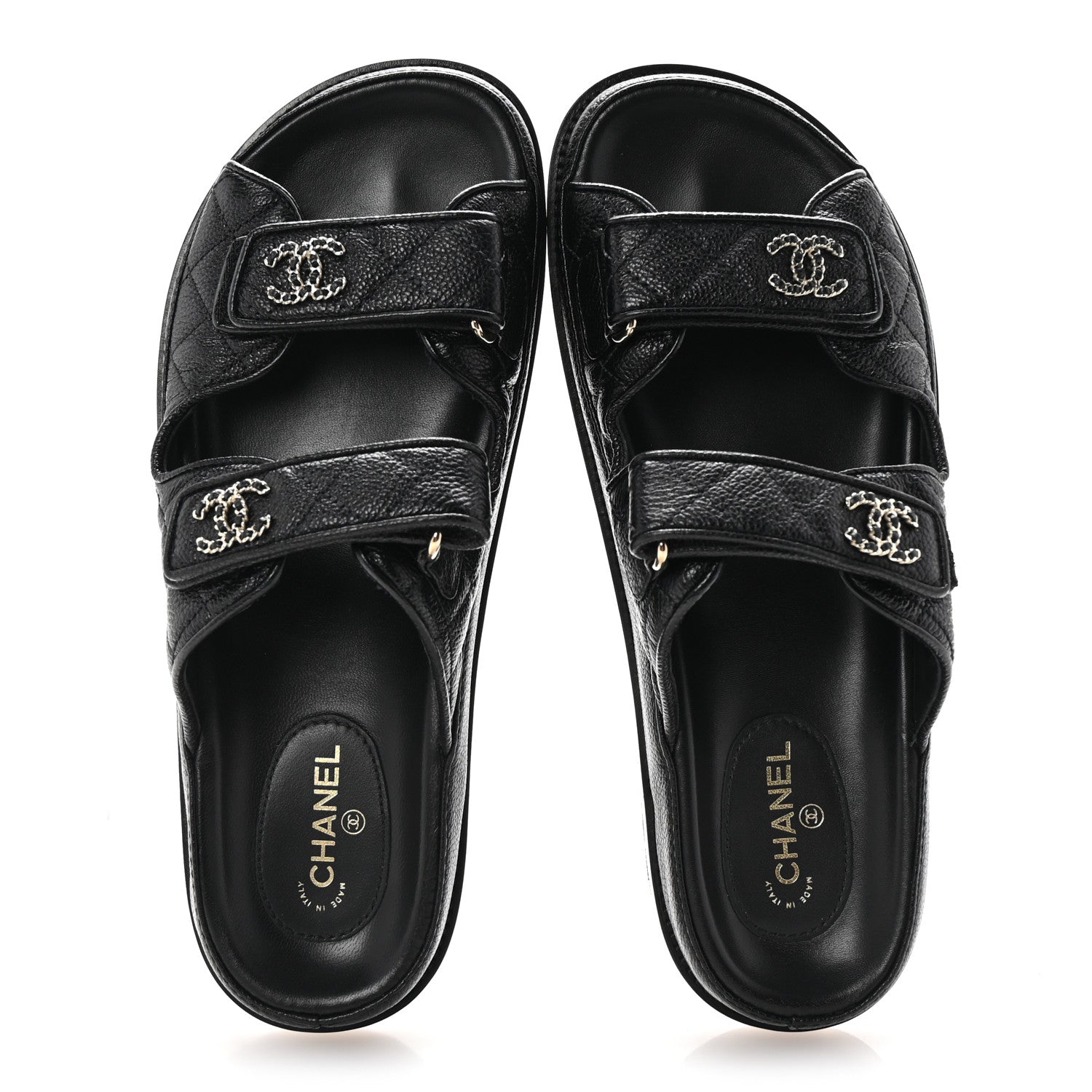 Chanel Grained Calfskin Quilted Velcro Dad Chain CC Slide Sandals 40 Black 2 of 10