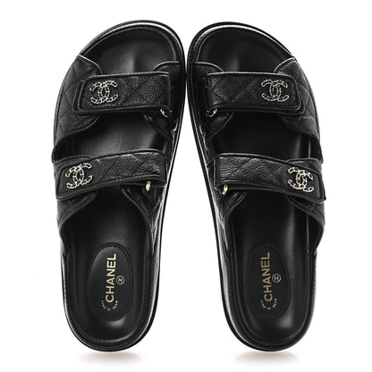 Chanel Grained Calfskin Quilted Velcro Dad Chain CC Slide Sandals 40 Black 2 of 10