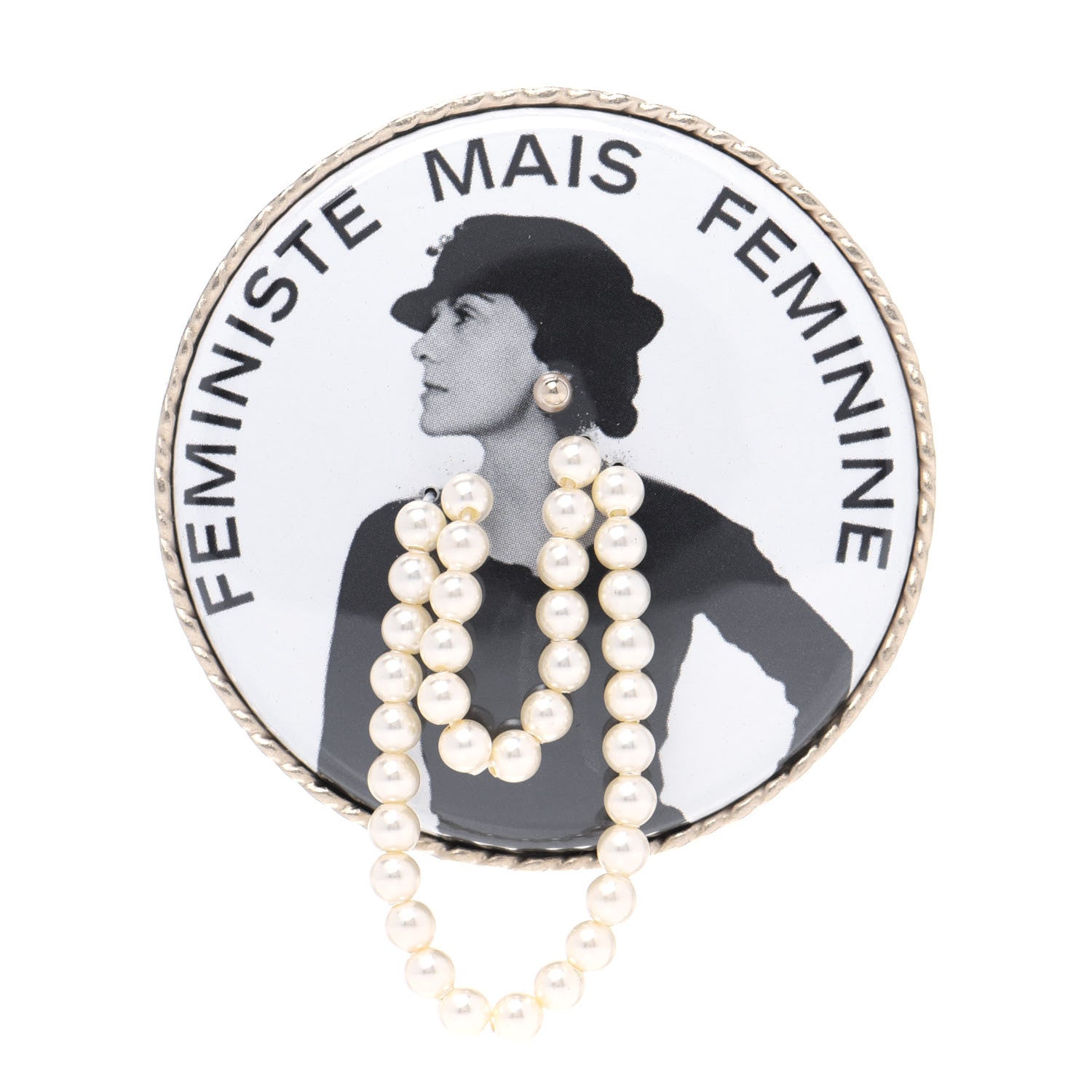 Chanel Metal Resin Pearl Printed Feministe Maize Feminine Brooch White Gold 1 of 3