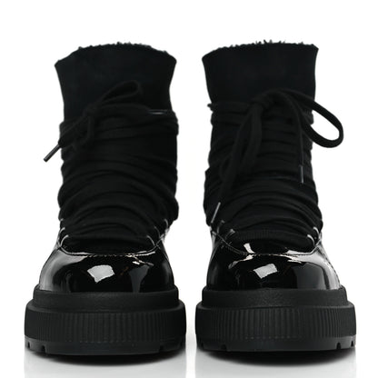 Chanel Lambskin Patent Cap Toe Lace Up Boots 38.5 Black 2 of 7