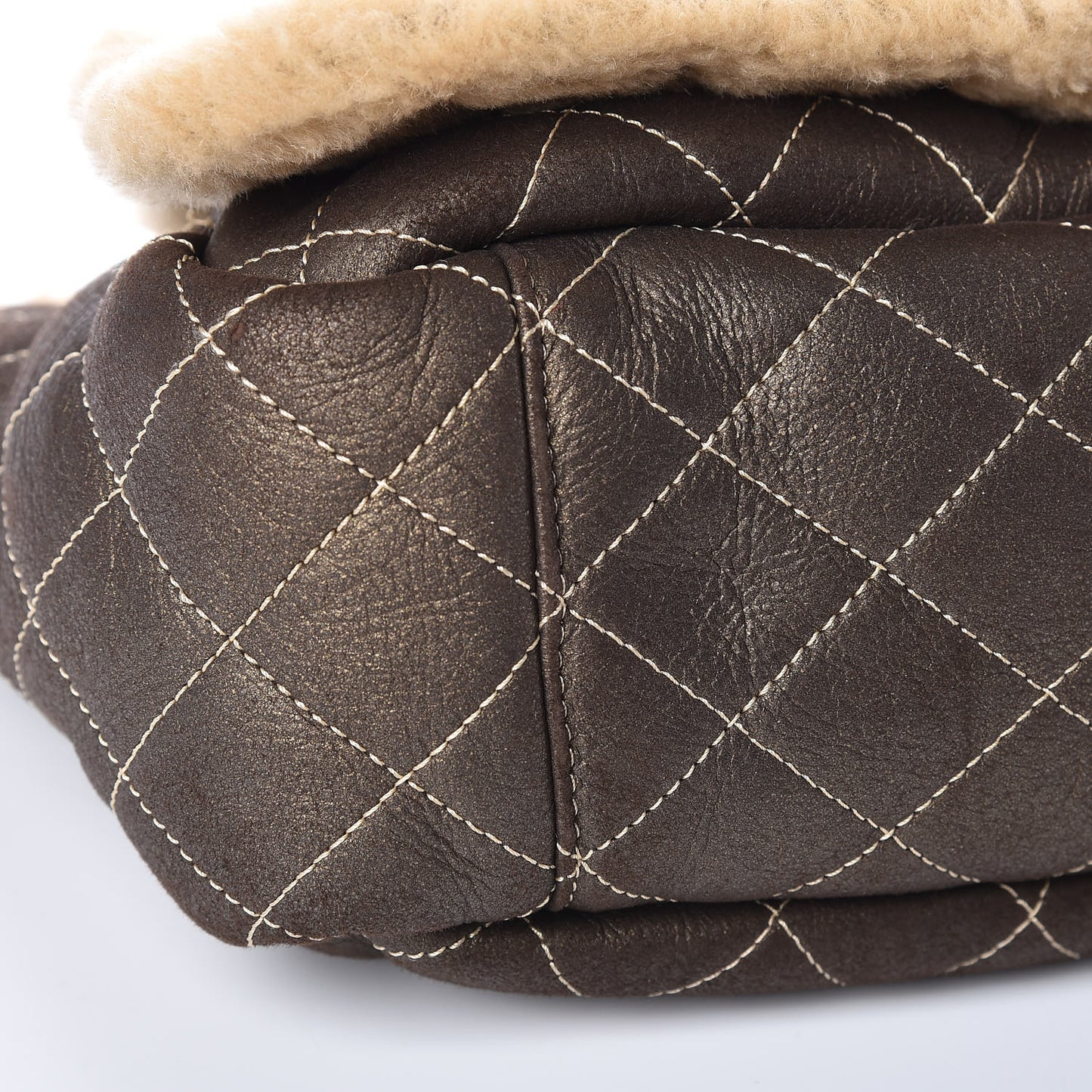 Shearling Suede Quilted Fur Flap Metallic Bronze