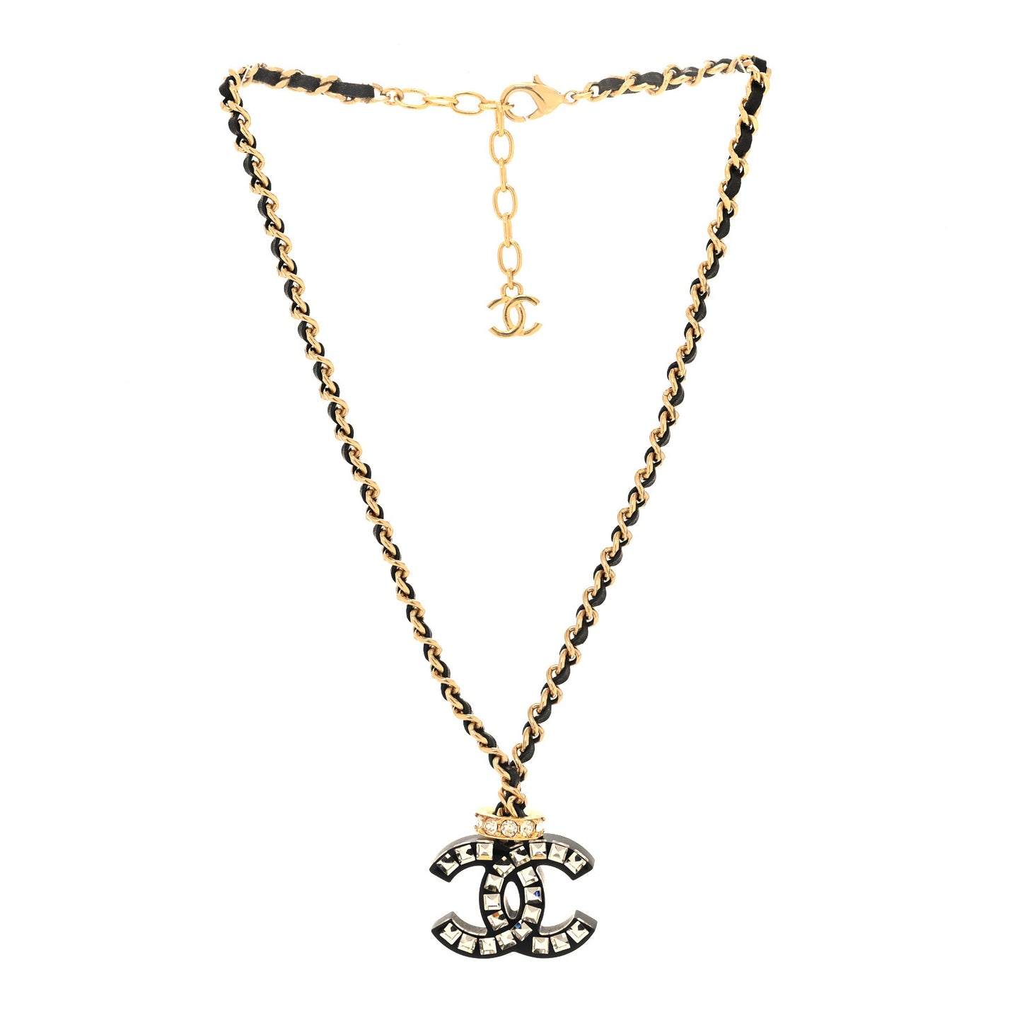 Lambskin Resin Crystal Baguette CC Chain Pendant Necklace Black Gold