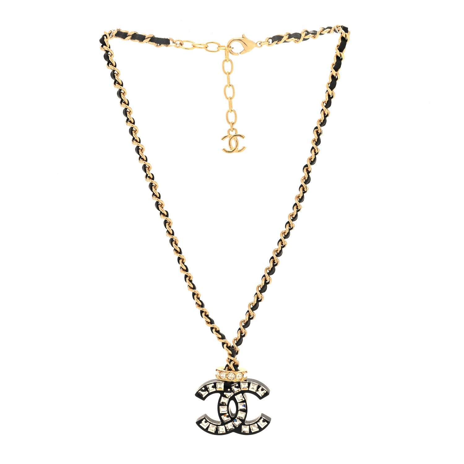 Chanel Lambskin Resin Crystal Baguette CC Chain Pendant Necklace Black Gold 3 of 5