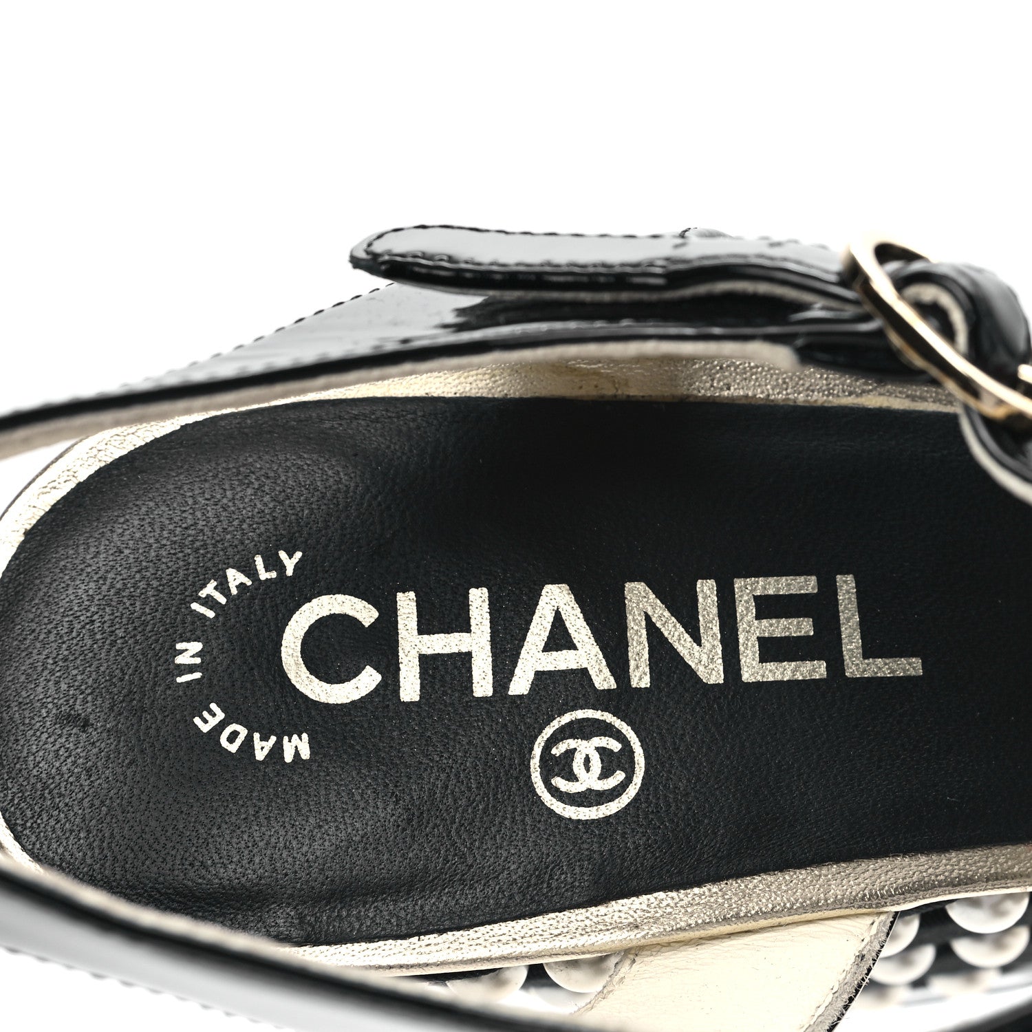 Chanel Patent Calfskin Grosgrain Pearl CC Wedge Sandals 38.5 Black 7 of 10